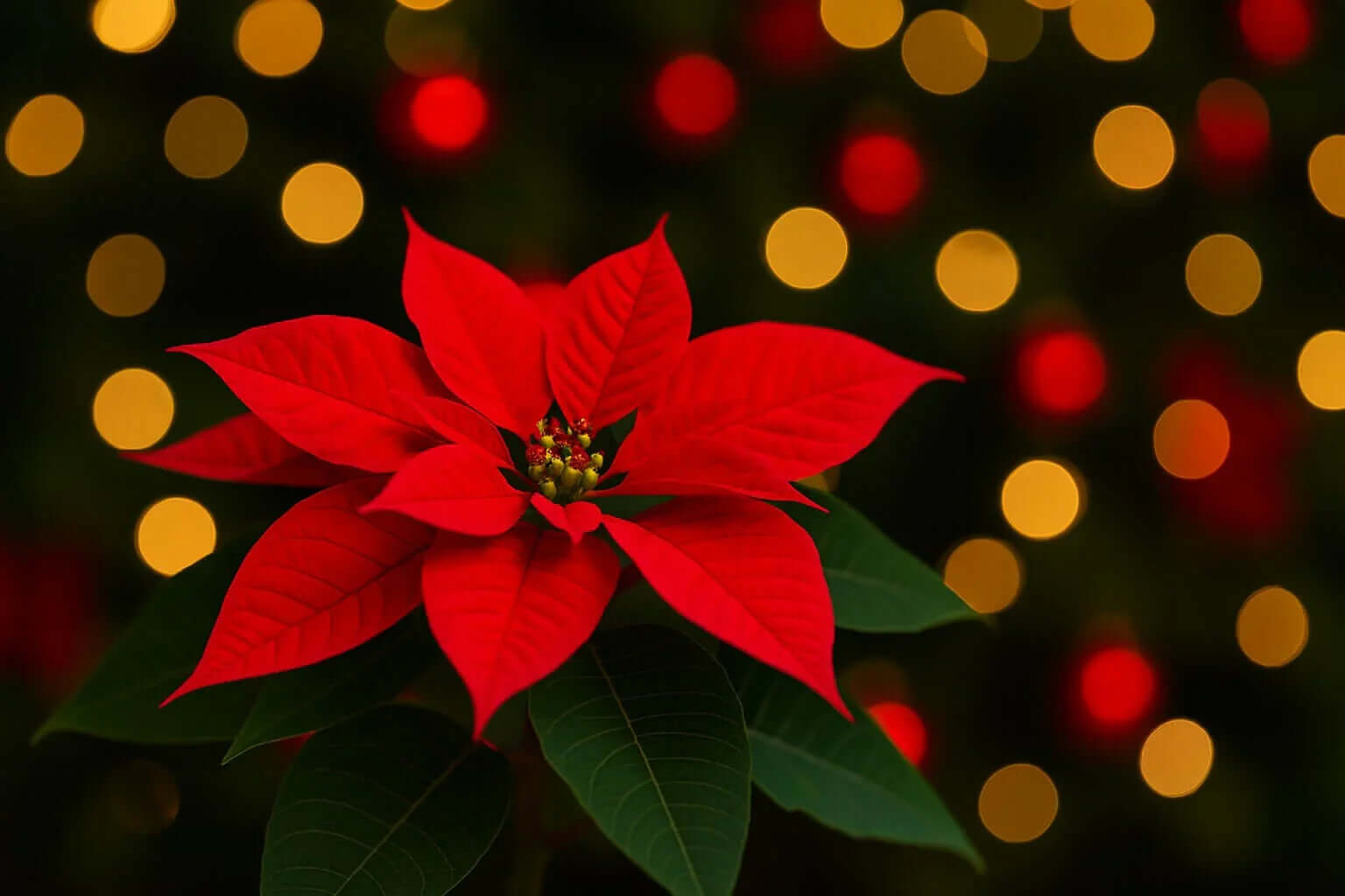 Red poinsettia flower with bright holiday lights in the background, perfect for Christmas décor and festive floral arrangements.