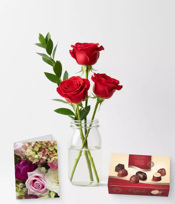 Red Roses, Card & Chocolates