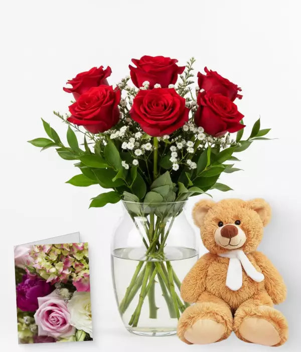 Red Roses, Vase &amp; Teddy
