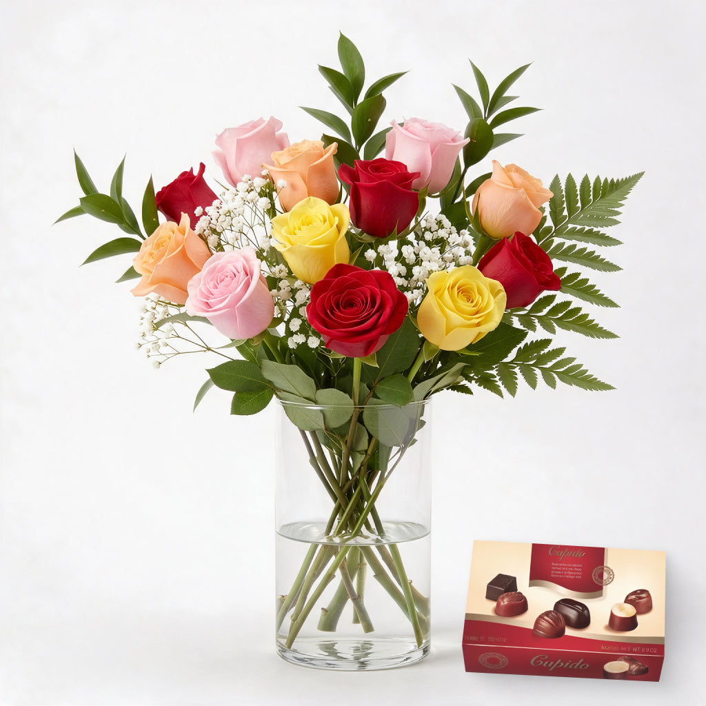 Dozen Mixed Roses with Chocolates