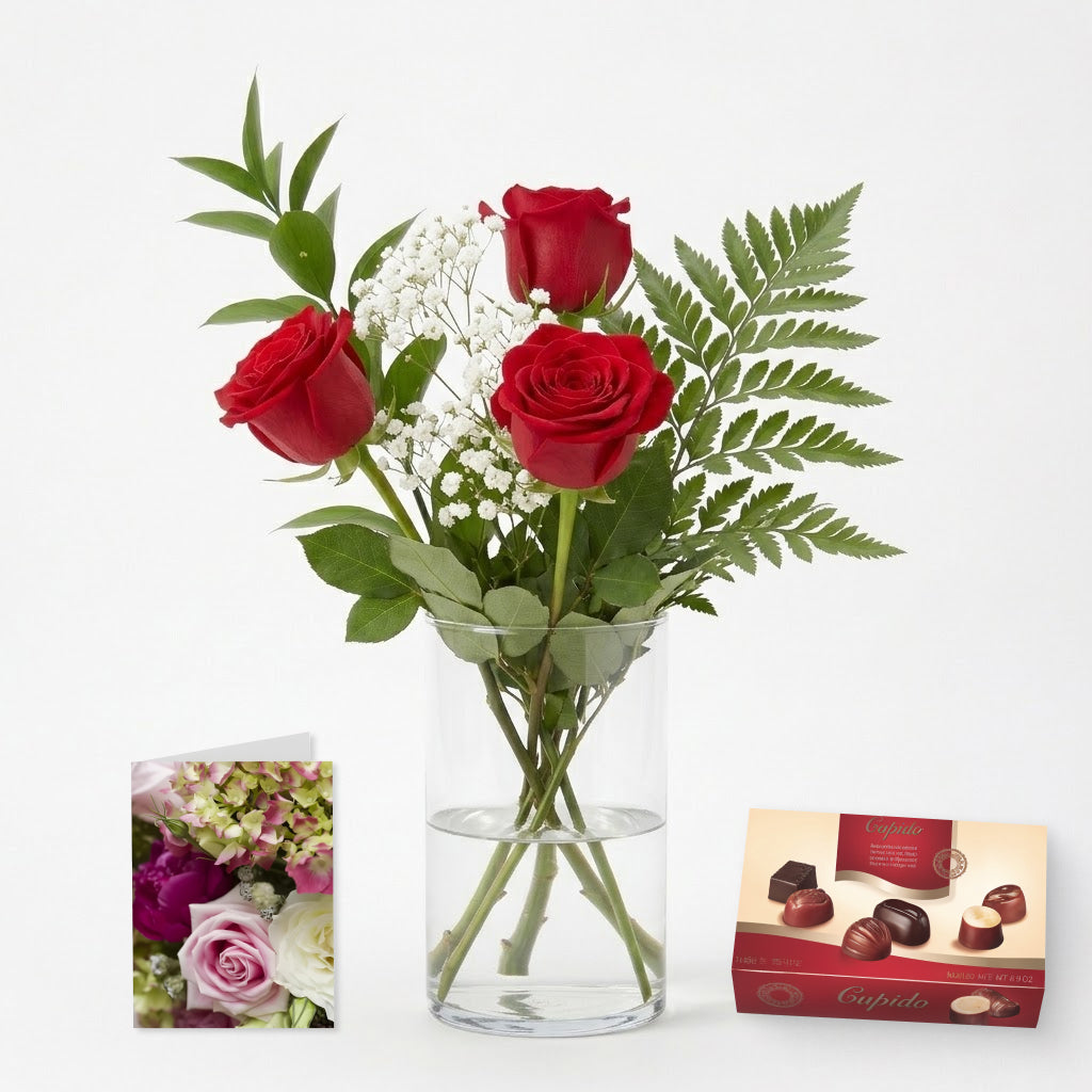 3 Red Roses, Card & Chocolates