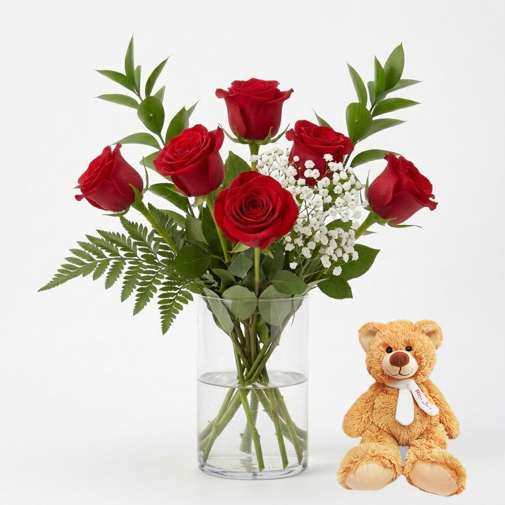 Red Roses, Vase & Teddy
