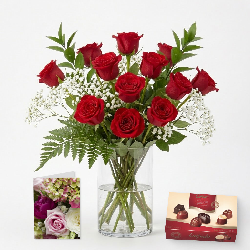 Dozen Roses, Chocolates, Vase &amp; Card