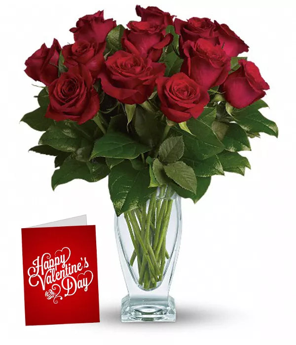Dozen Red Roses, Card &amp; Vase