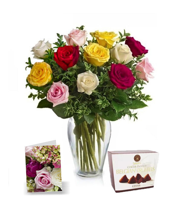 Dozen Mixed Colour Roses, Vase, Card &amp; Chocolates