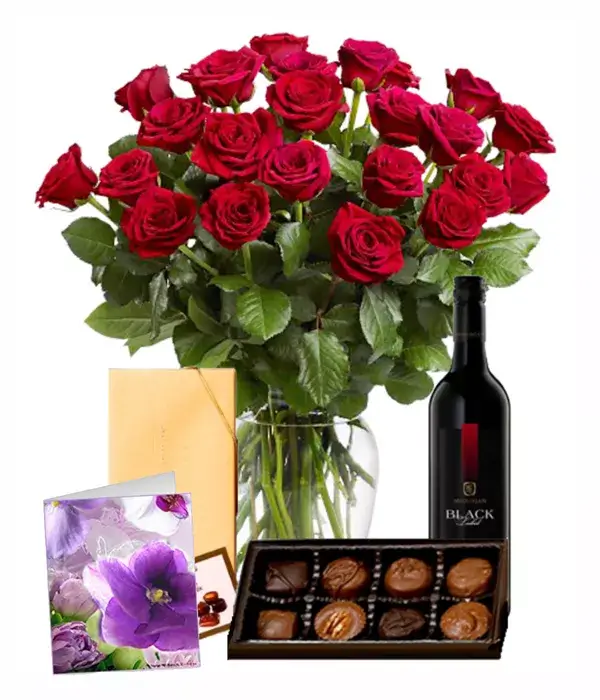 Red Roses, Chocolates, Card & Wine