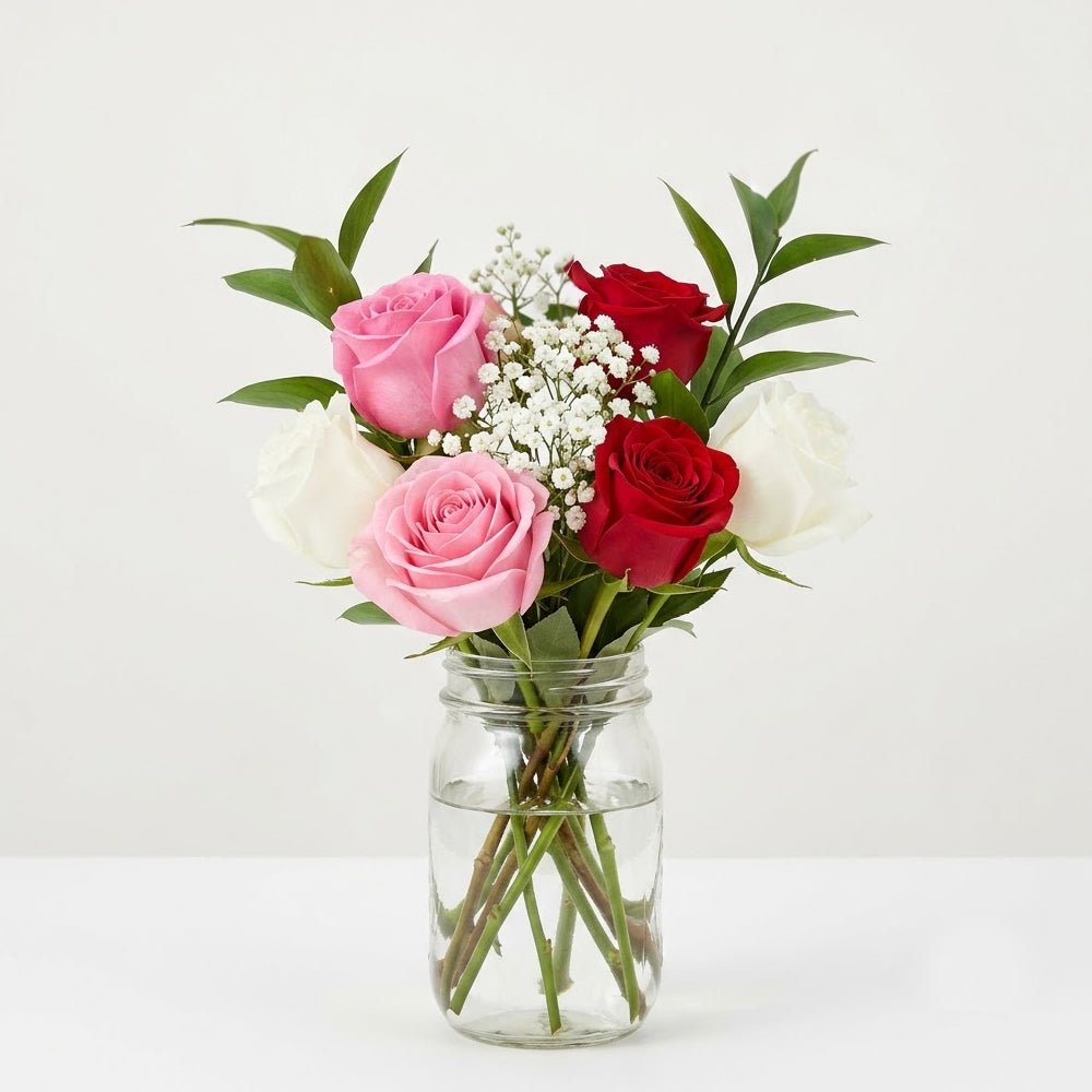 Half Dozen Assorted Roses in Mason Jar