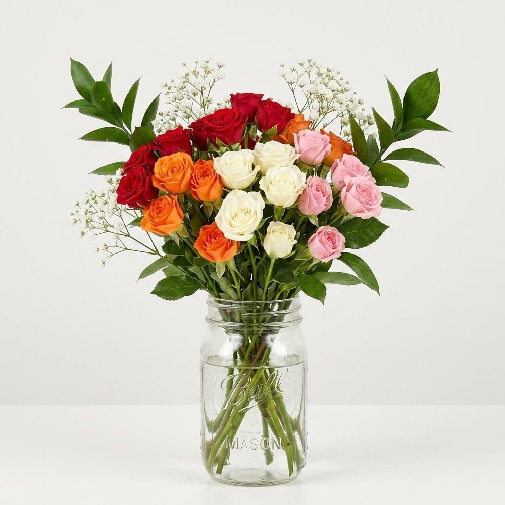 50 Blooms of Surprise Bud Roses in Mason Jar