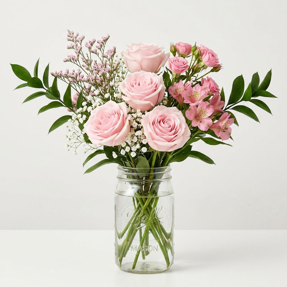 New Baby Girl Bouquet in Mason Jar