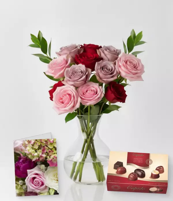 Dozen Mixed Colour Roses, Vase, Card & Chocolates