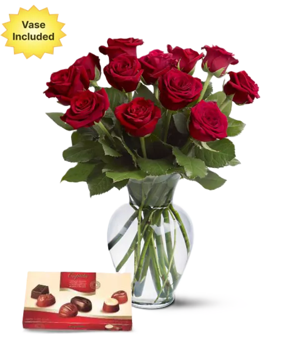 Dozen Red Roses, Vase & Chocolates
