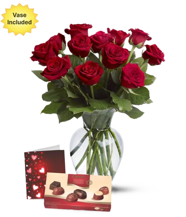Dozen Roses, Chocolates, Vase & Card