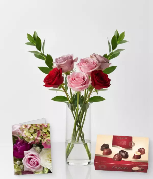 Half Dozen Assorted Roses, Chocolates &amp; Card