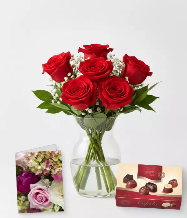 Half Dozen Red Roses, Card &amp; Chocolates Gift