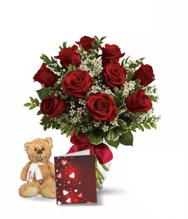 Ten Red Roses, Card &amp; Teddy
