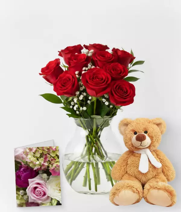 Ten Red Roses, Card &amp; Teddy